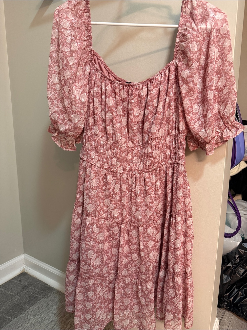 Trixxi Rose Floral Puff-Sleeve Tiered Midi Dress